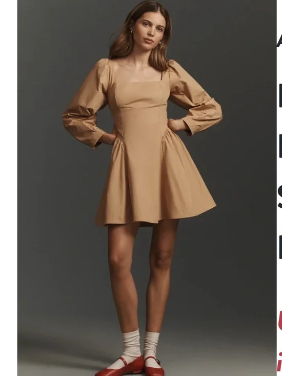 By Anthropologie Long-Sleeve Square-Neck Poplin Mini Dress - Picture 1 of 6